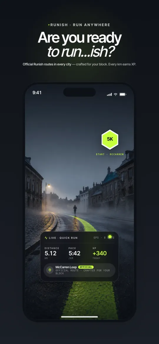 Runish screenshot — start a quick run anywhere and the map becomes the game