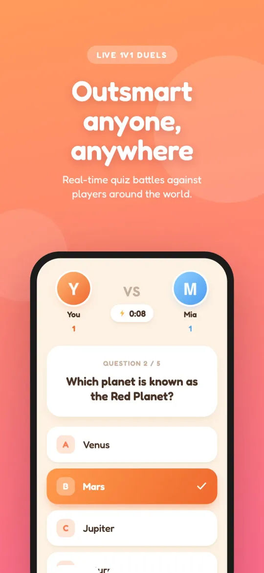 Quiz Fight screenshot — a live 1v1 trivia duel against a real opponent