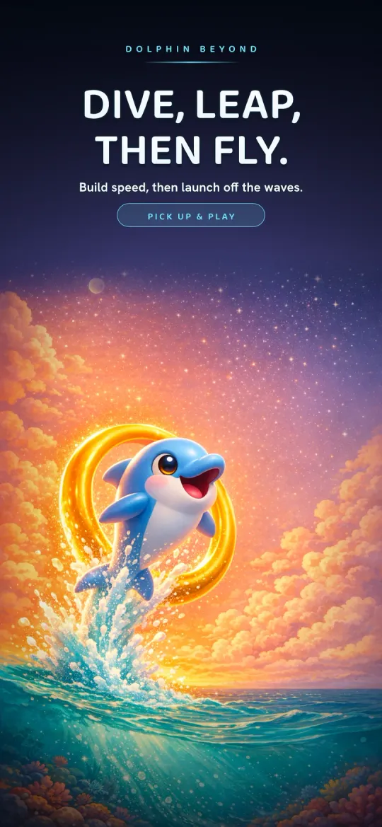 Dolphin Beyond screenshot — a dolphin builds speed underwater and leaps through the ocean surface
