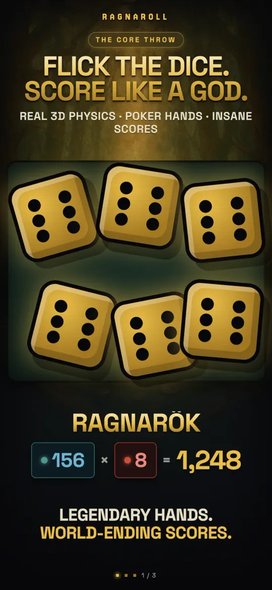 Ragnaroll screenshot — flicking six 3D dice across the felt in The Throw