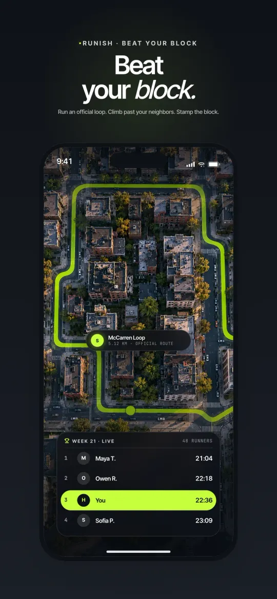 Runish screenshot — claiming a neighborhood block on the live map