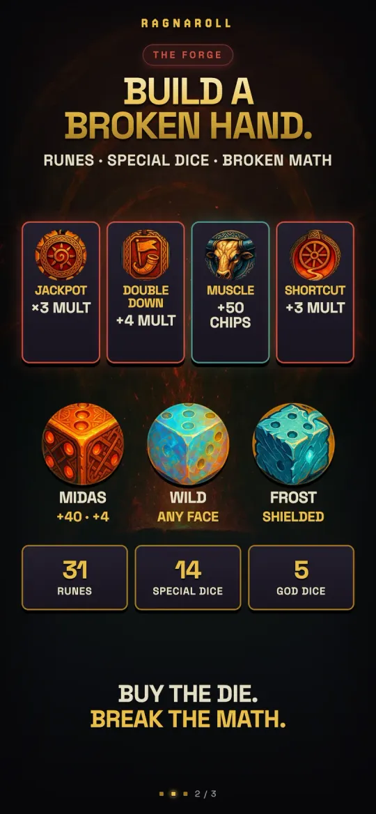 Ragnaroll screenshot — forging runes onto dice in The Forge