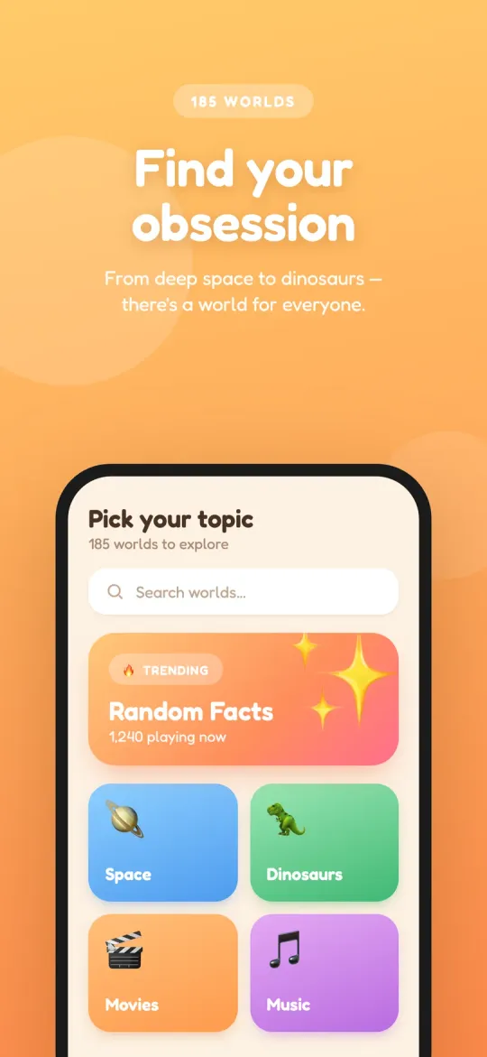 Quiz Fight screenshot — browsing some of the 185 quiz topics